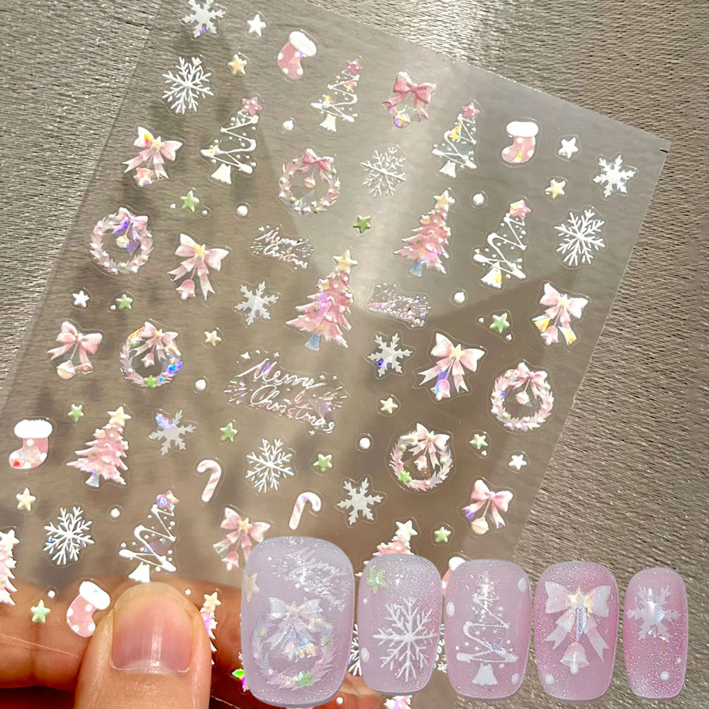 Nail Art Xmas Stickers - 1 قطعة أورورا الوردي شجرة عيد