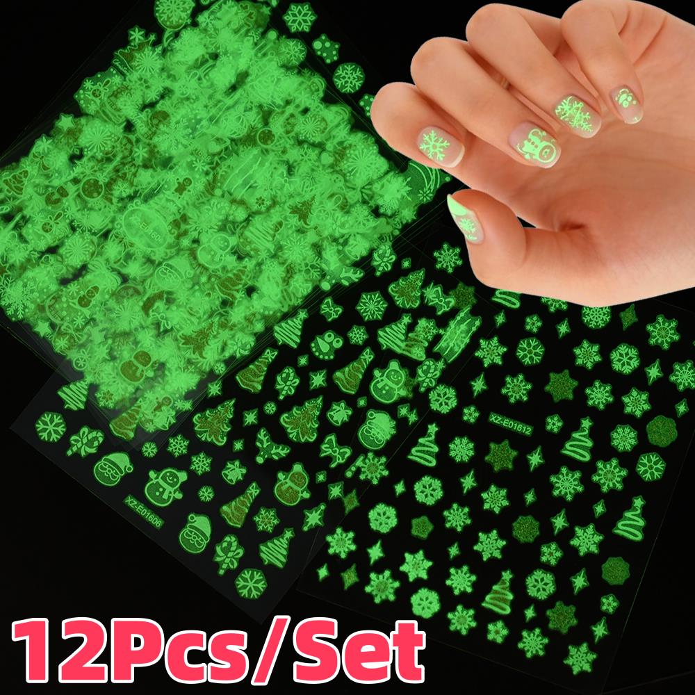 Nail Art Xmas Stickers - 12 قطعة/المجموعة 3D مضيئة عيد الميلاد